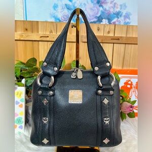 MCM Studded Silver Mini Boston Handbag with Zipper Closure